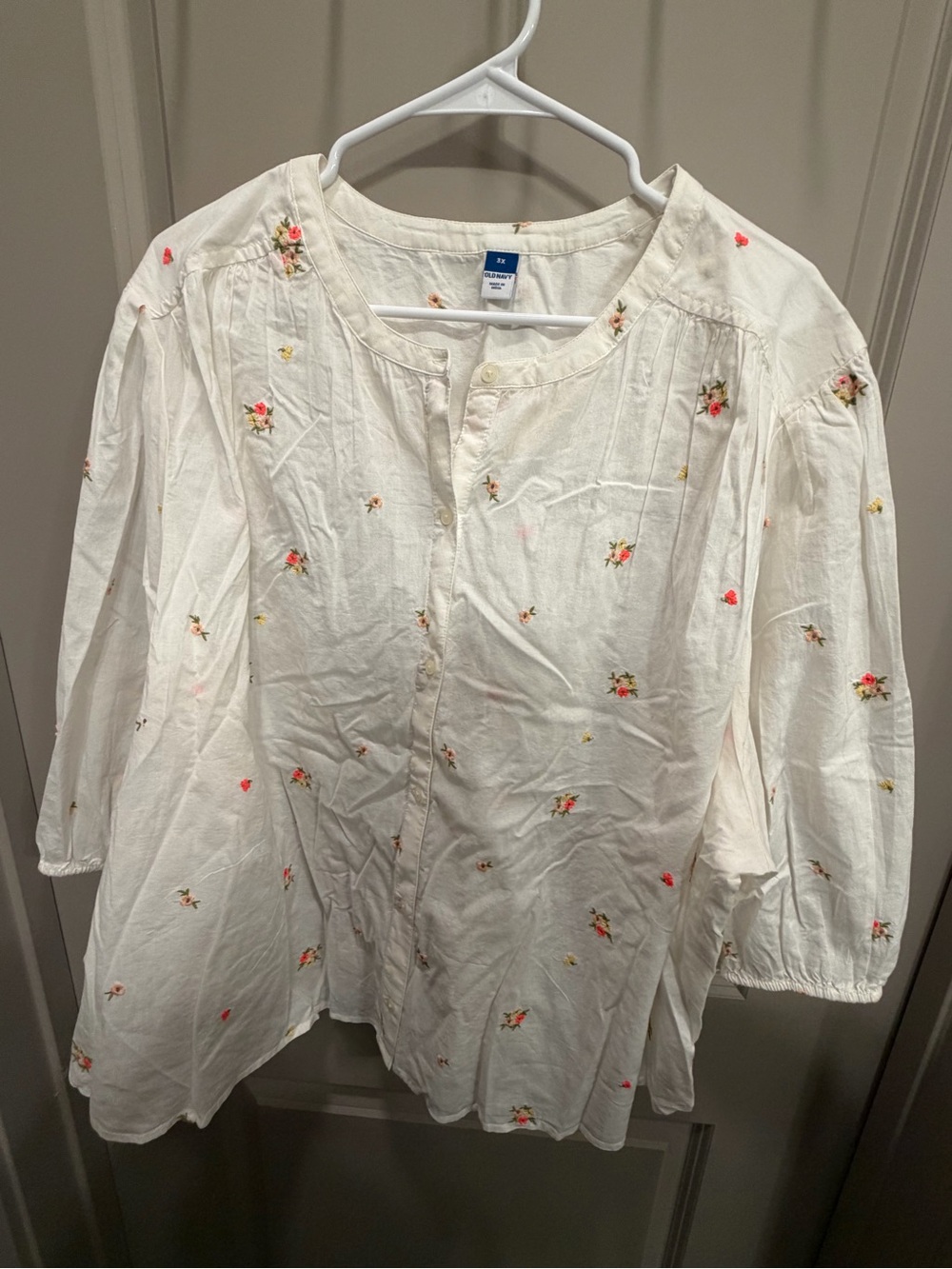 Old Navy Cream Button-Front Blouse with Pink Floral Embroidery